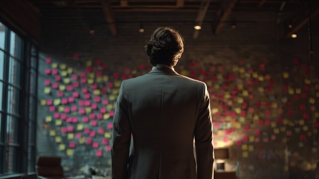 a man in business clothes standing with his back turned in front of a huge wall with sticky notes, cutouts and threads connecting the information. Detective investigative work in finance or business.