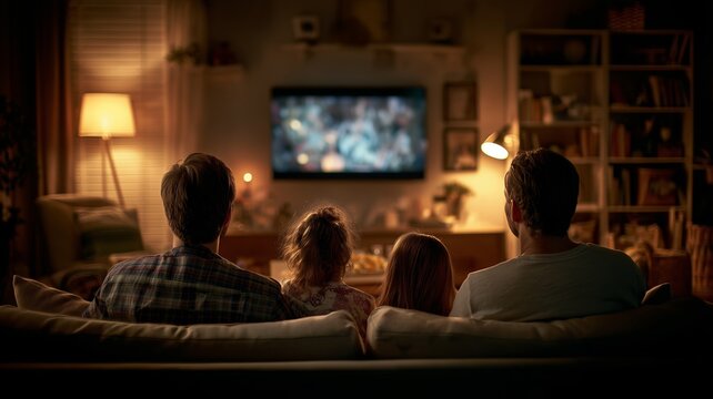 a family sitting in front of a huge flat screen television in the living-room in the evening watching a movie spending leisure time together
