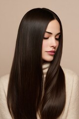 Naklejka premium A luxurious, straight, long hairstyle emphasizing smooth, shiny, and healthy hair is ideal for advertising hair care products and salons.