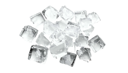 A close-up of a pile of clear, transparent ice cubes on a black background