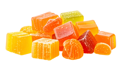 Pile of colorful, gummy candies of various shapes & hues against a black background