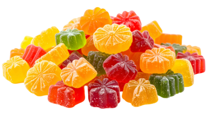 A vibrant pile of assorted, colorful, and flower-shaped gummy candies on black background