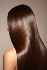 A luxurious, straight, long hairstyle emphasizing smooth, shiny, and healthy hair is ideal for advertising hair care products and salons.