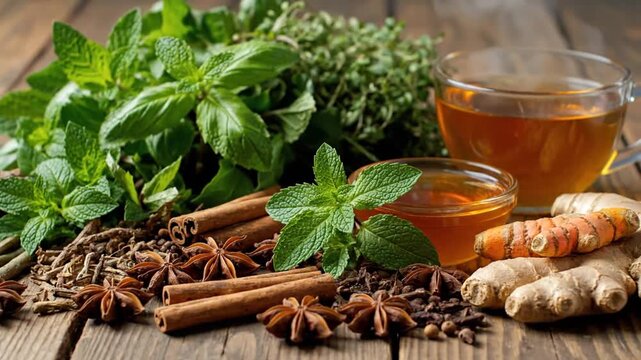 Healthy Herbal Tea Ingredients with Fresh Mint Honey Ginger and Spices on Wooden Background