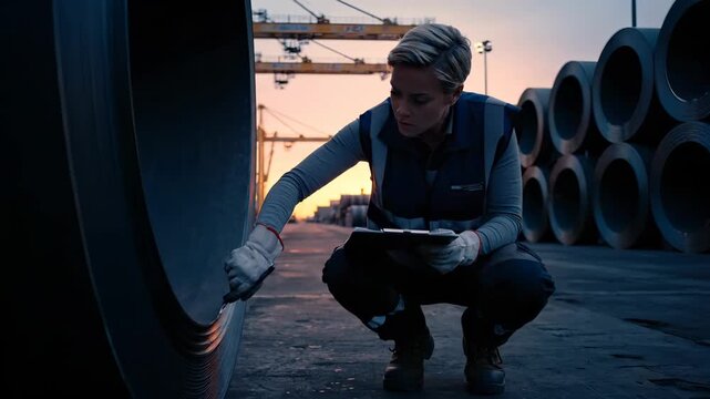 Woman engineer inspects steel coils at port with tablet during sunset. Worker checks coils near crane at terminal. Engineer examines steel at port. Woman inspects metal cargo at industrial harbor.