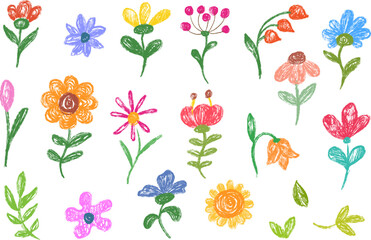 Spring flowers in hand drawn cartoon naive style made from pencil, marker or chalk crayon. Scribble vector illustration for children book, card.
