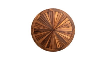 Overhead shot of a circular wooden table top with a radiating sunburst pattern