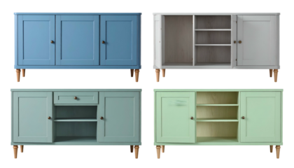 Four colorful sideboards, some closed, others open, revealing shelves and interior