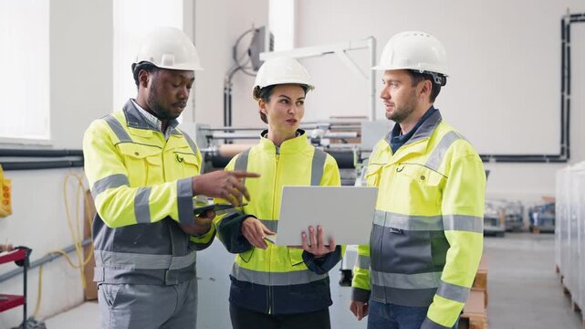 Group of factory engineers wearing safety jackets and helmets discussing project. Female holding laptop showing data while colleague using tablet. Team collaborating in production facility.