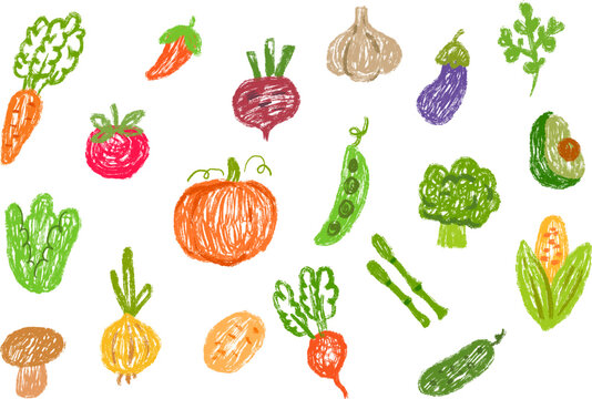Vegetable food in hand drawn cartoon doodle style. carrot, pepper, tomatoes, beet, garlic, eggplant, parsley, peas, cabbage, avocado, asparagus, corn, potato, onion, mushroom, cucumber.