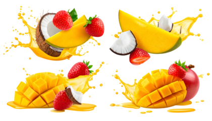 Four vibrant arrangements feature mangoes, strawberries, and coconut with splashes of juice