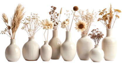Array of white ceramic vases showcasing dried flowers of various shapes and textures