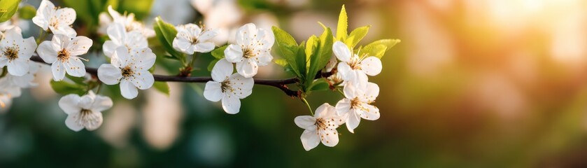 Fototapeta premium Close Up of White Cherry Blossoms Blooming on Branch with Bright Sunlight Spring Nature Concept