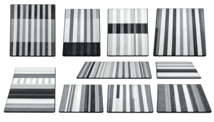 Nine gray-scale striped patterns in rectangles, trapezoids, perspective with varying widths