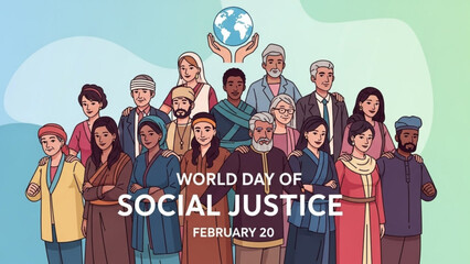Diverse group of people unite for world day of social justice on february 20 promoting equality and human rights globally