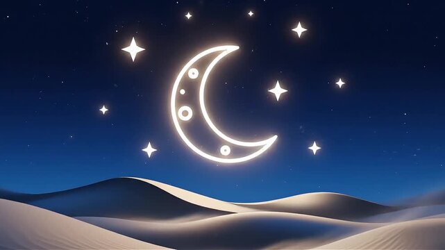 Dreamy desert landscape at night featuring a glowing crescent moon and twinkling stars over rolling sand dunes perfect for travel wellness and spiritual themes
