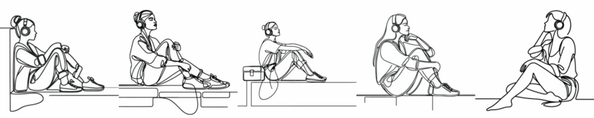 line art of a woman sitting listening to music with headphones