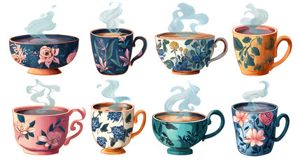 Vibrant floral tea cups with steam rising in various colorful designs
