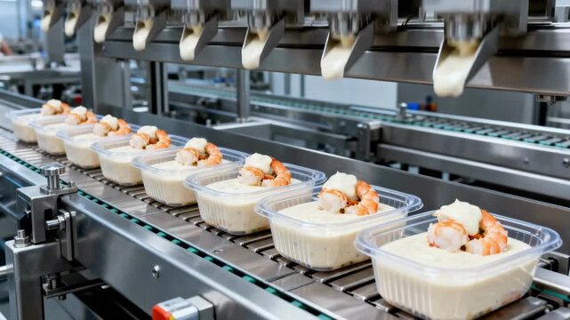 Medium shot of a production line carefully dispensing creamy sauces and seafood portions into microwaveable containers ensuring uniform readymeal packaging.