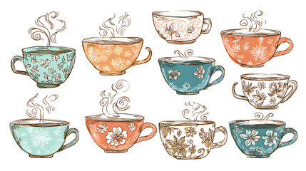 Fototapeta premium Vibrant floral tea cups in various colors and patterns