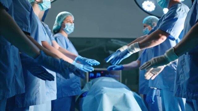 Cinematic 4K video, diverse group of doctors nurses modern hospital scrubs white coats, standing bright hospital corridor, slowly stacking hands together center, multicultural medical team unity trust