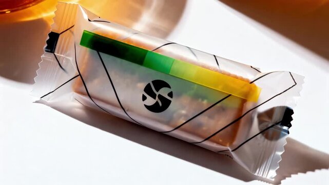 Medium shot of biodegradable smart candy bar wrappers showing compostable films with freshness indicators and sleek printed designs.