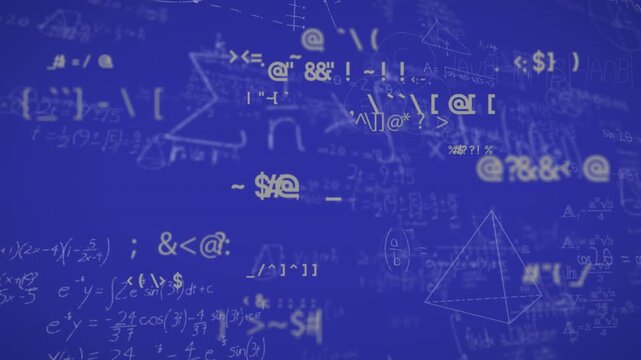 Animation of symbols over mathematical equation and diagrams against blue background