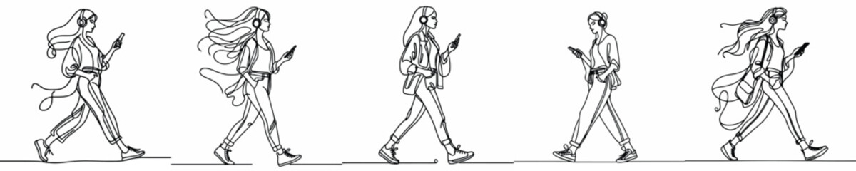 line art of a woman walking listening to music with headphones