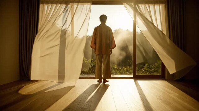 Figure standing in front of sheer curtains, backlit by warm sunrise lighting