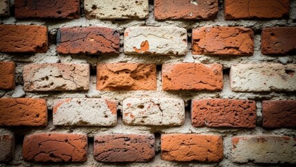 A close-up view of a weathered brick wall with red and white bricks, showcasing texture and architectural detail.