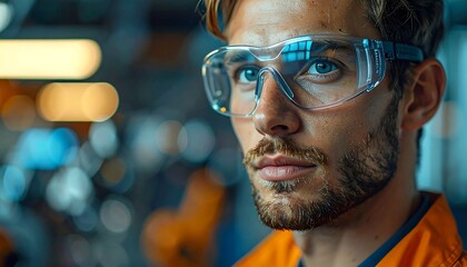 Engineering Precision: A close-up shot of an engineer, eyes focused and reflecting dedication, wearing safety goggles, surrounded by the cutting-edge machinery of a high-tech facility.