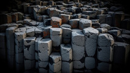 A collection of stone blocks stacked together in a structured formation, viewed from a high angle in a dimly lit environment