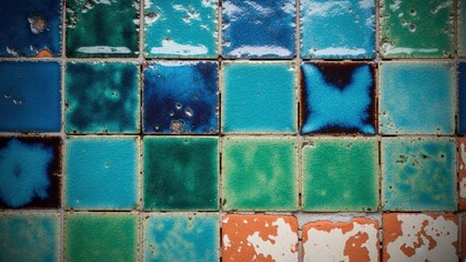 A worn mosaic of blue and green tiles with peeling paint, viewed from directly above, showcasing texture and decay.