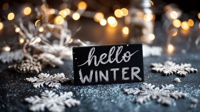 Dark winter video with soft light flares, falling snowflakes, and animated Hello Winter text. Seasonal greeting background for winter openings, holiday campaigns, announcements, and festive design
