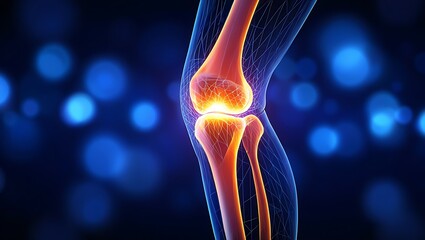 Futuristic illustration of a human knee joint with glowing bones, cartilage, and digital network overlay, representing biomechanics, joint health, medical technology, diagnostics, and orthopedic.