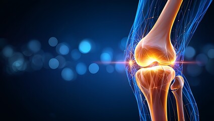 Futuristic illustration of a human knee joint with glowing bones, cartilage, and digital network overlay, representing biomechanics, joint health, medical technology, diagnostics, and orthopedic.