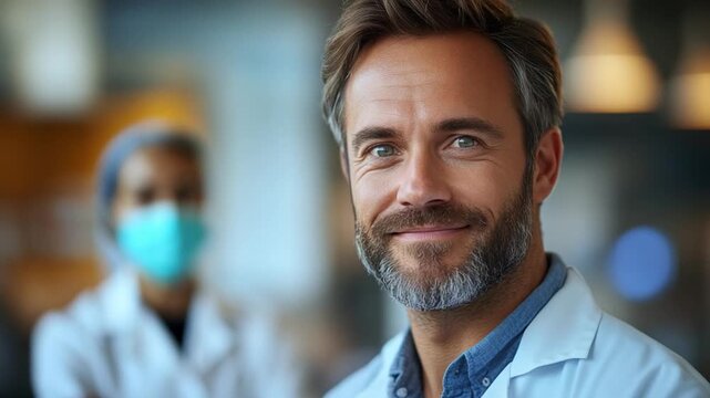 Portrait of a healthcare professional: A close-up of a handsome healthcare professional, his eyes reflecting a sense of expertise and compassion. In the background.