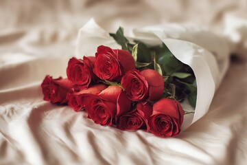 Lush Red Roses Bouquet on Soft Cream Fabric, a Romantic Gesture of Love and Passion.