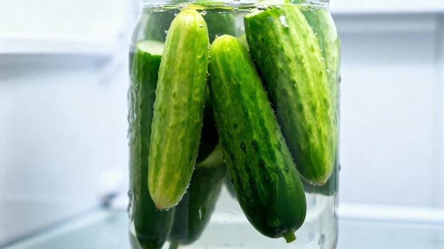 Medium shot of vibrant cucumber spears soaking in a crisp brine inside a clear glass jar highlighting the fresh texture and cool storage of smallbatch refrigerator pickles.