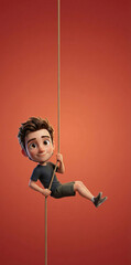 Cute 3D cartoon boy climbing a rope on an orange background. Great for motivational posters.