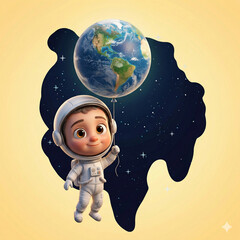 Adorable little boy astronaut with Earth-shaped balloon. Conceptual art for global care and space exploration.