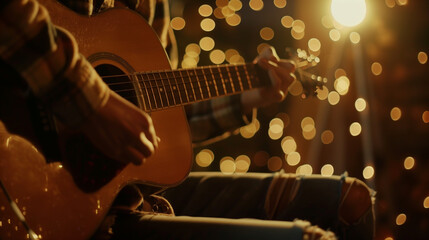 Close-up of a person playing acoustic guitar with bokeh lights in the background.