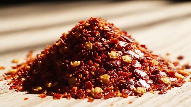 Fiery Red Chili Flakes Piled High on Wooden Surface - Spicy Food Ingredient for Cooking Recipes and Culinary Backgrounds