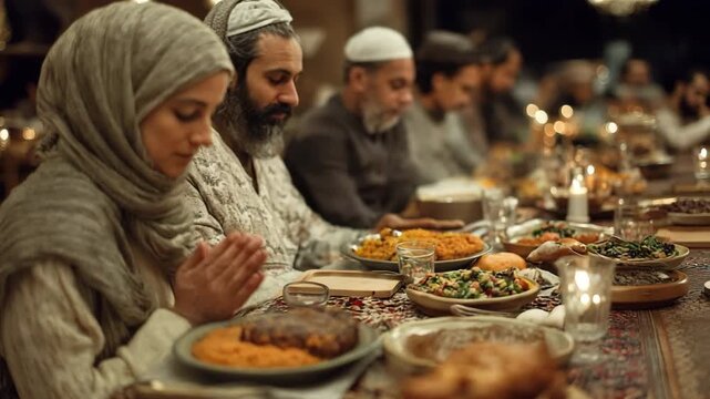 During the Eid Mubarak celebration season, a Middle Eastern Muslim Arabic family prays together before meals and does a dua to beg God for blessings.