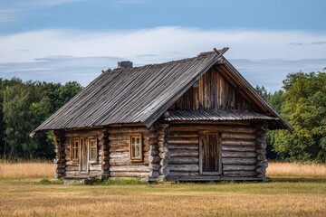 Obraz premium Historic Weathered Log Cabin in Golden Field, Traditional Rural Architecture.