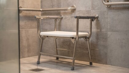 Medium shot of a shower seat supported by grab bars in an accessible bathroom with soft focus on tiled walls for added texture and depth.