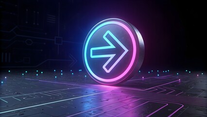 Neon cryptocurrency symbol on circuit board