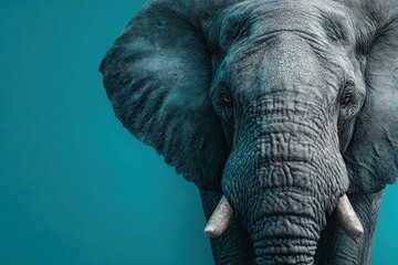 Closeup of an Elephant Portrait Against Teal Background