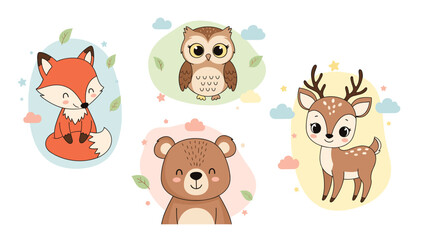 Obraz premium Adorable collection of four charming cartoon forest animal faces: a fox, an owl, a bear, and a deer, set against soft pastel shapes.