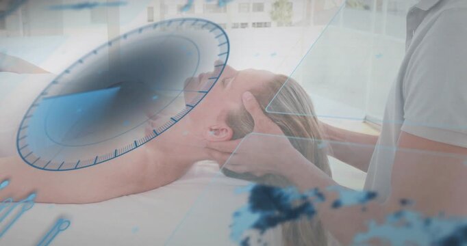 Therapist cradling and applying neck traction easing patient pain therapy HUD circling over head